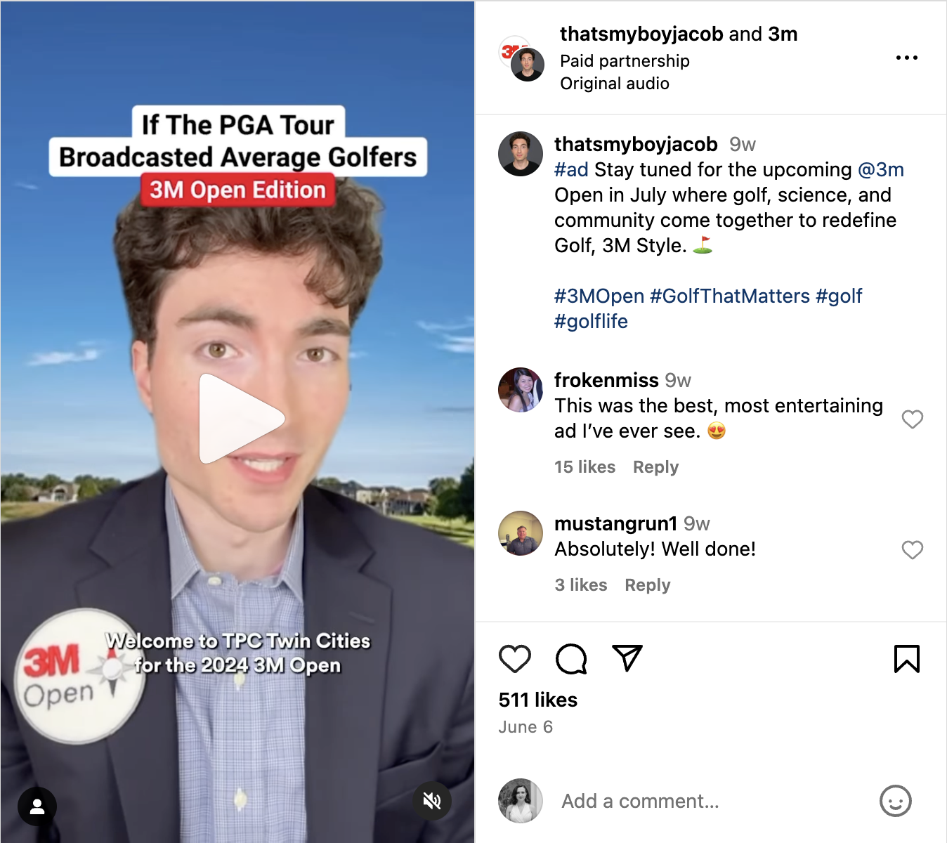 An Instagram Reel from creator Thats My Boy Jacob introducing the 2024 3M Open and a highlight of the golfers participating.